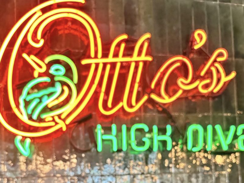 orange and green neon sign with a green bird says ottos high dive
