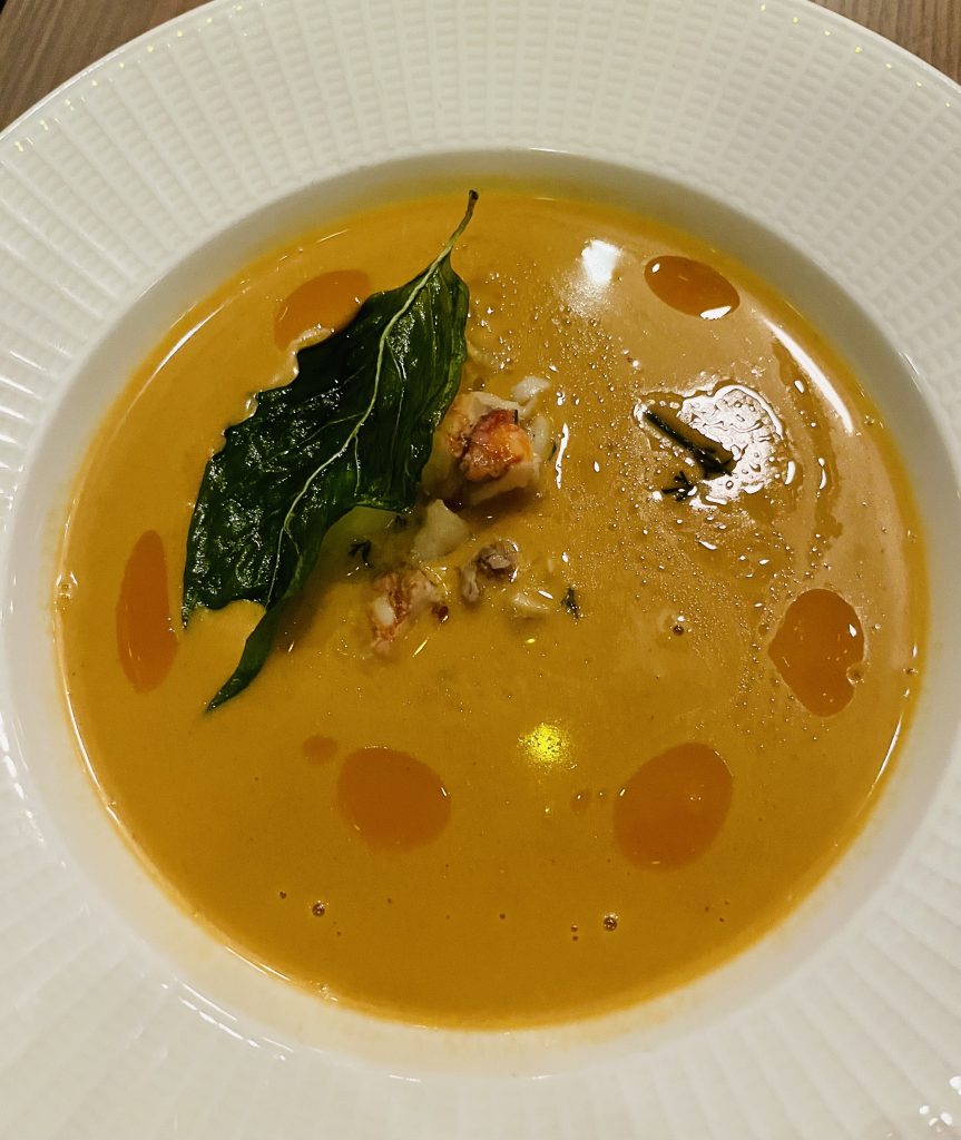 white bowl with lobster bisque