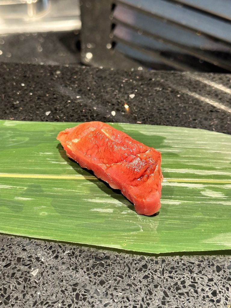 bluefin tuna sushi on a banana leaf at edoboy